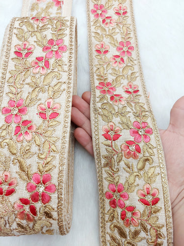 Beige Silk Fabric Trim with Gold and Pink Floral Embroidery, Sari Border Trim, Trim by Yard